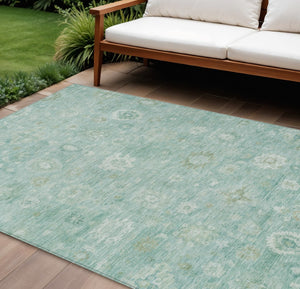 HomeRoots 10' Teal Blue Ivory Tan Damask Area Rug - Washable, Durable Design for Indoor & Outdoor Spaces 620454