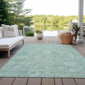 HomeRoots 10' Teal Blue Ivory Tan Damask Area Rug - Washable, Durable Design for Indoor & Outdoor Spaces 620454