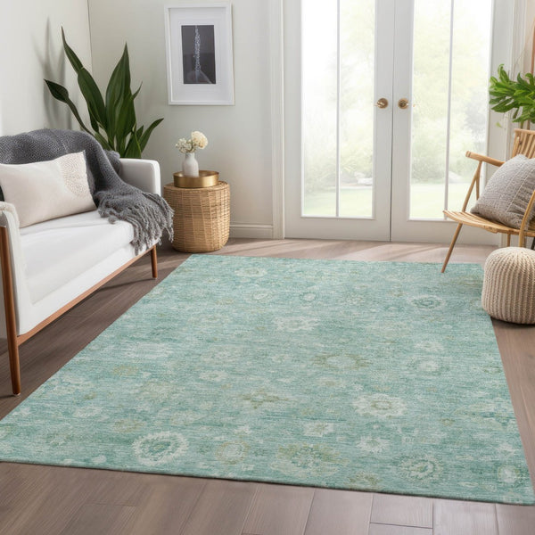 HomeRoots 10' Teal Blue Ivory Tan Damask Area Rug - Washable, Durable Design for Indoor & Outdoor Spaces 620454