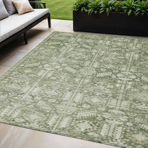 HomeRoots 5' Stylish Artichoke Green & Ivory Tribal Washable Area Rug for Indoor & Outdoor Spaces, 5x8' 620456