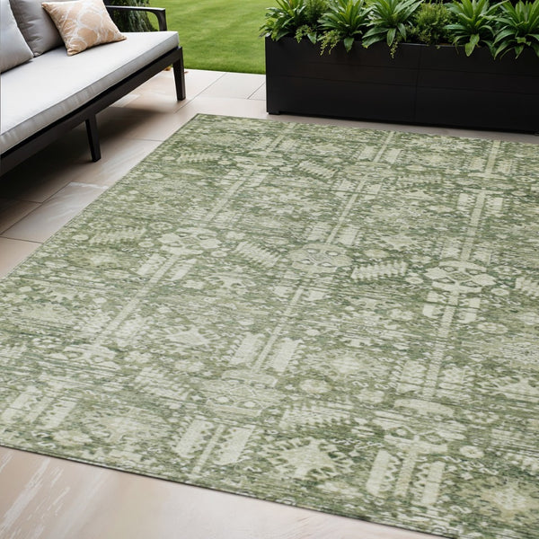 HomeRoots 5' Stylish Artichoke Green & Ivory Tribal Washable Area Rug for Indoor & Outdoor Spaces, 5x8' 620456