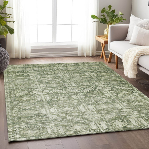 HomeRoots 5' Stylish Artichoke Green & Ivory Tribal Washable Area Rug for Indoor & Outdoor Spaces, 5x8' 620456