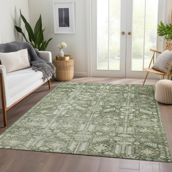 HomeRoots 5' Stylish Artichoke Green & Ivory Tribal Washable Area Rug for Indoor & Outdoor Spaces, 5x8' 620456