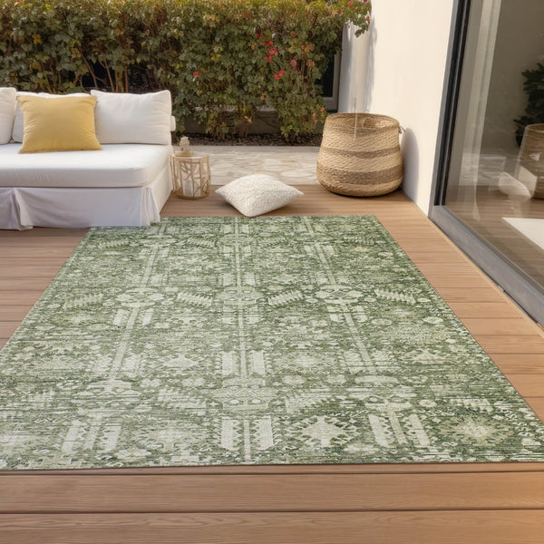 HomeRoots 5' Stylish Artichoke Green & Ivory Tribal Washable Area Rug for Indoor & Outdoor Spaces, 5x8' 620456