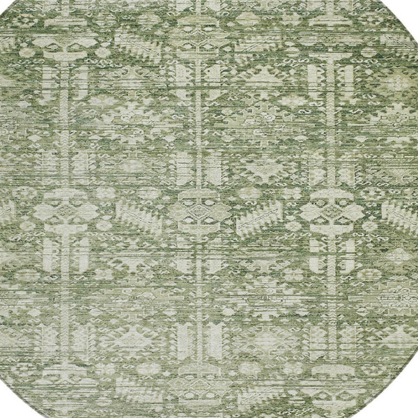 HomeRoots 8' Artichoke Green Round Tribal Rug – Durable, Washable Indoor/Outdoor Area Rug for High-Traffic Spaces 620457