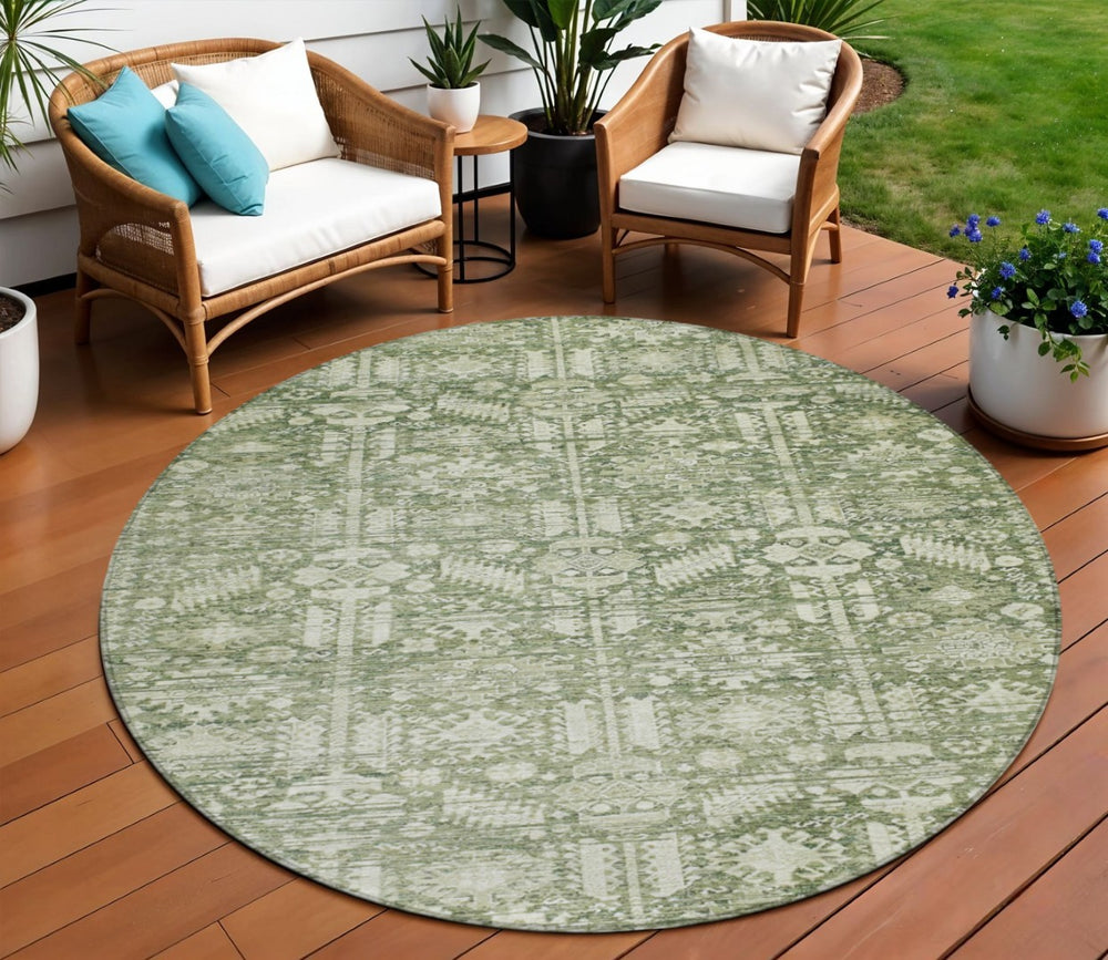 HomeRoots 8' Artichoke Green Round Tribal Rug – Durable, Washable Indoor/Outdoor Area Rug for High-Traffic Spaces 620457