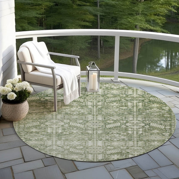 HomeRoots 8' Artichoke Green Round Tribal Rug – Durable, Washable Indoor/Outdoor Area Rug for High-Traffic Spaces 620457
