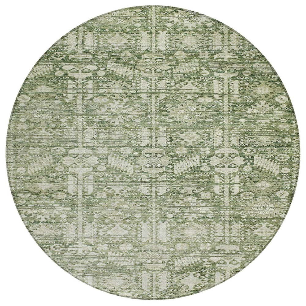 HomeRoots 8' Artichoke Green Round Tribal Rug – Durable, Washable Indoor/Outdoor Area Rug for High-Traffic Spaces 620457