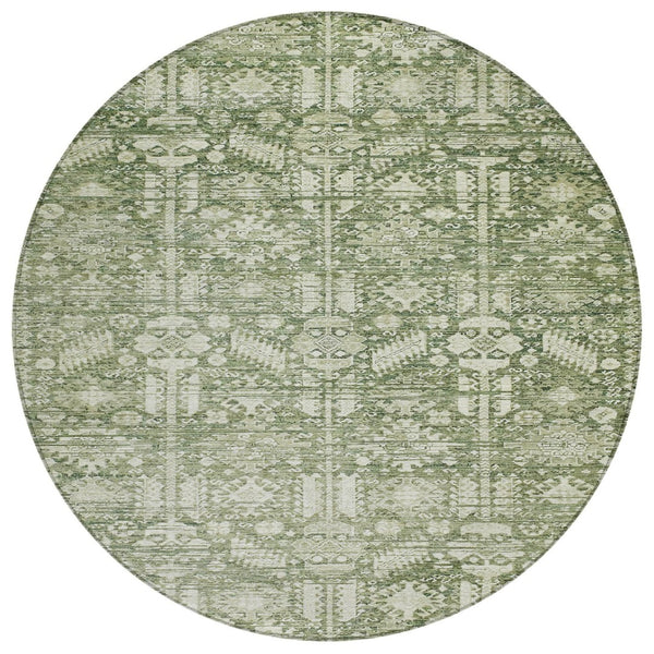 HomeRoots 8' Artichoke Green Round Tribal Rug – Durable, Washable Indoor/Outdoor Area Rug for High-Traffic Spaces 620457
