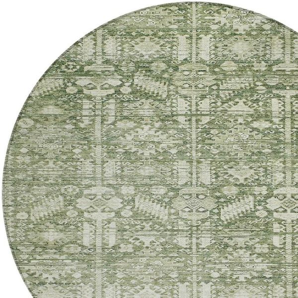 HomeRoots 8' Artichoke Green Round Tribal Rug – Durable, Washable Indoor/Outdoor Area Rug for High-Traffic Spaces 620457