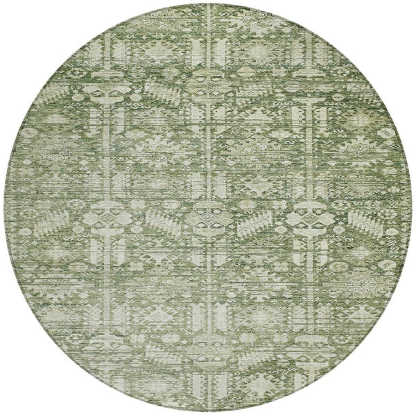 HomeRoots 8' Artichoke Green Round Tribal Rug – Durable, Washable Indoor/Outdoor Area Rug for High-Traffic Spaces 620457