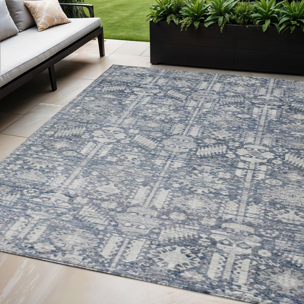 HomeRoots 5' X 8' Blue and Ivory Tribal Area Rug - Durable, Washable, Stylish for Indoor and Outdoor Spaces 620462