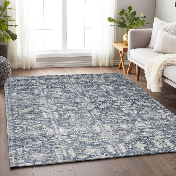 HomeRoots 5' X 8' Blue and Ivory Tribal Area Rug - Durable, Washable, Stylish for Indoor and Outdoor Spaces 620462