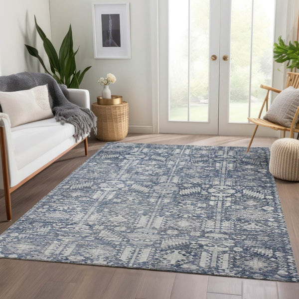 HomeRoots 5' X 8' Blue and Ivory Tribal Area Rug - Durable, Washable, Stylish for Indoor and Outdoor Spaces 620462