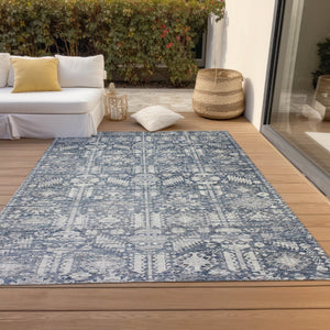 HomeRoots 5' X 8' Blue and Ivory Tribal Area Rug - Durable, Washable, Stylish for Indoor and Outdoor Spaces 620462