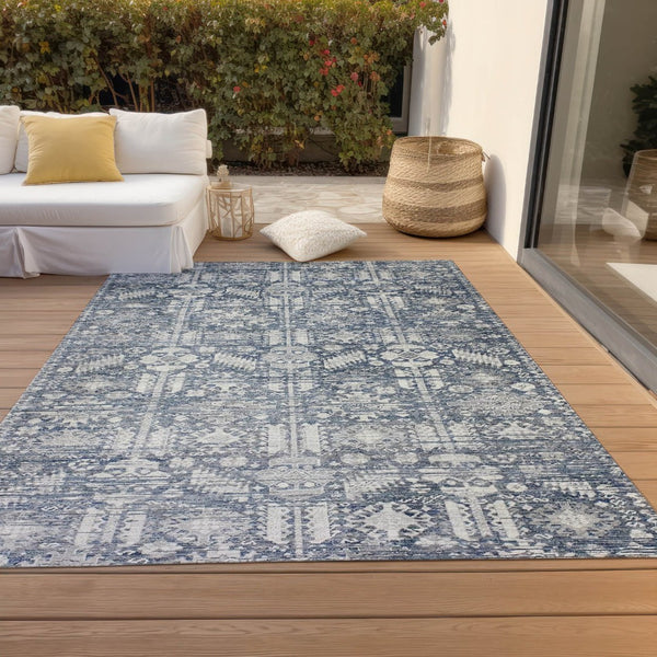 HomeRoots 5' X 8' Blue and Ivory Tribal Area Rug - Durable, Washable, Stylish for Indoor and Outdoor Spaces 620462