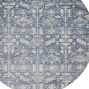 HomeRoots 8' Blue and Ivory Round Tribal Rug - Stylish, Durable, Washable Area Rug for Indoors & Outdoors! 620463