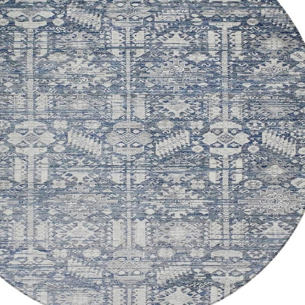 HomeRoots 8' Blue and Ivory Round Tribal Rug - Stylish, Durable, Washable Area Rug for Indoors & Outdoors! 620463