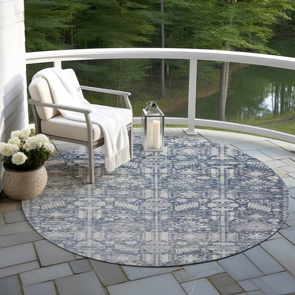 HomeRoots 8' Blue and Ivory Round Tribal Rug - Stylish, Durable, Washable Area Rug for Indoors & Outdoors! 620463