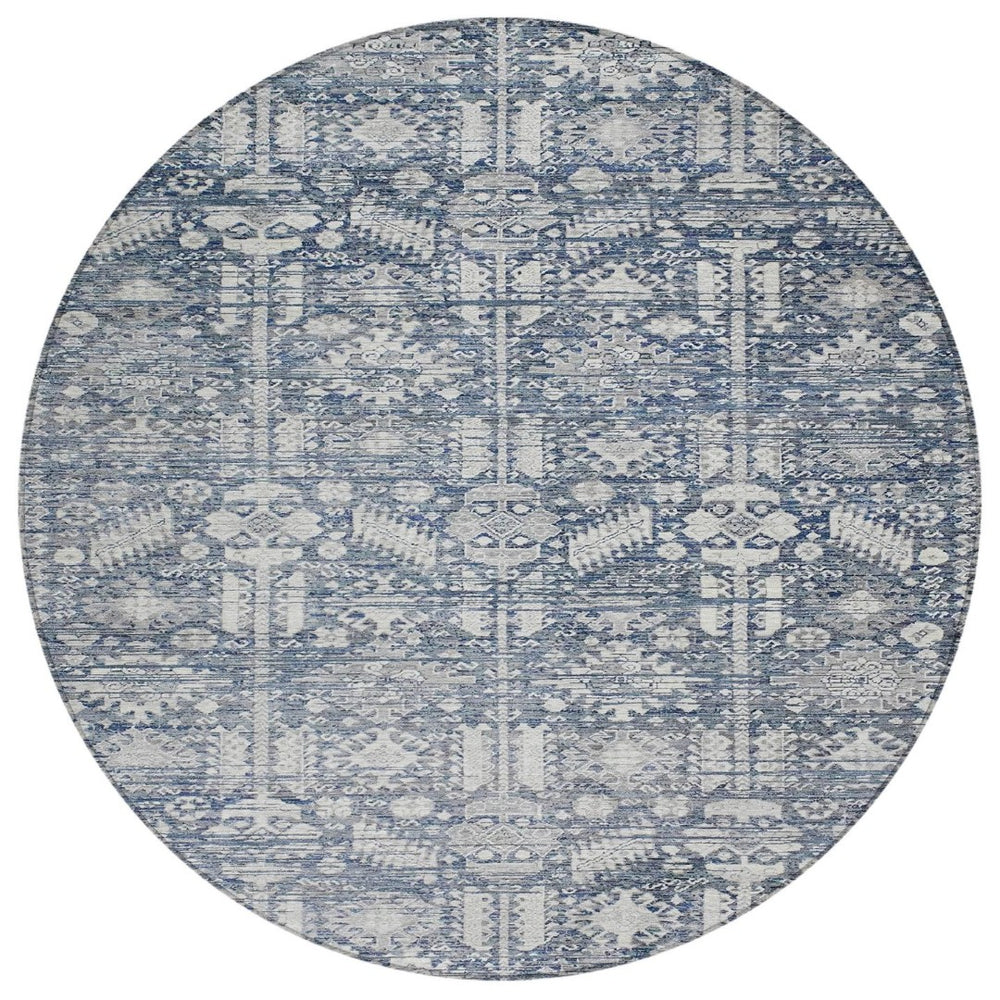 HomeRoots 8' Blue and Ivory Round Tribal Rug - Stylish, Durable, Washable Area Rug for Indoors & Outdoors! 620463