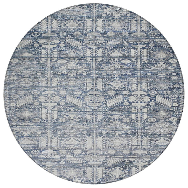 HomeRoots 8' Blue and Ivory Round Tribal Rug - Stylish, Durable, Washable Area Rug for Indoors & Outdoors! 620463