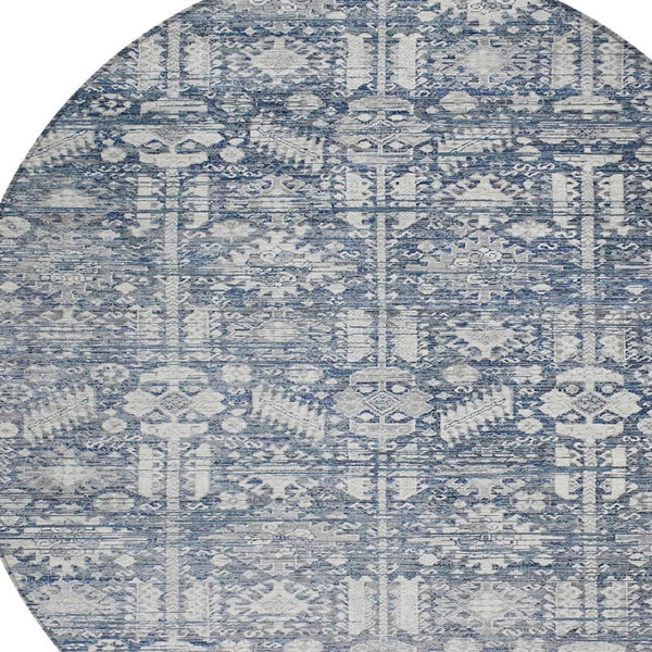HomeRoots 8' Blue and Ivory Round Tribal Rug - Stylish, Durable, Washable Area Rug for Indoors & Outdoors! 620463