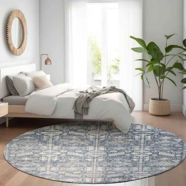 HomeRoots 8' Blue and Ivory Round Tribal Rug - Stylish, Durable, Washable Area Rug for Indoors & Outdoors! 620463