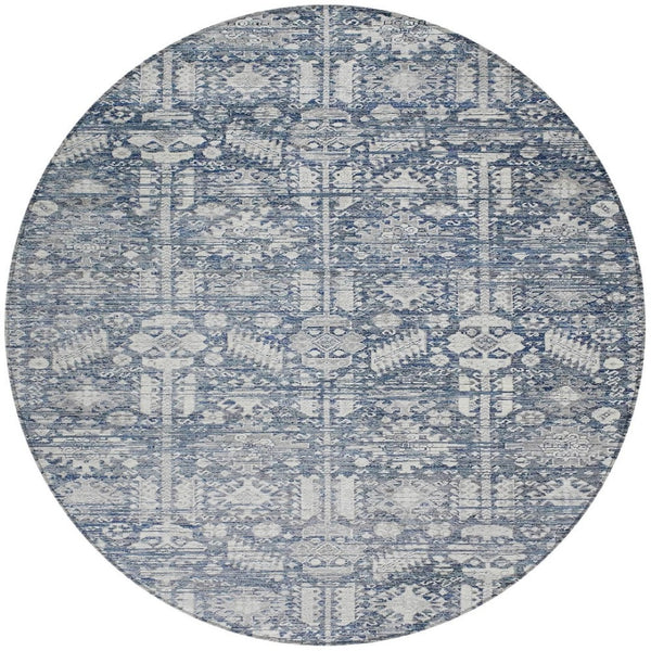 HomeRoots 8' Blue and Ivory Round Tribal Rug - Stylish, Durable, Washable Area Rug for Indoors & Outdoors! 620463