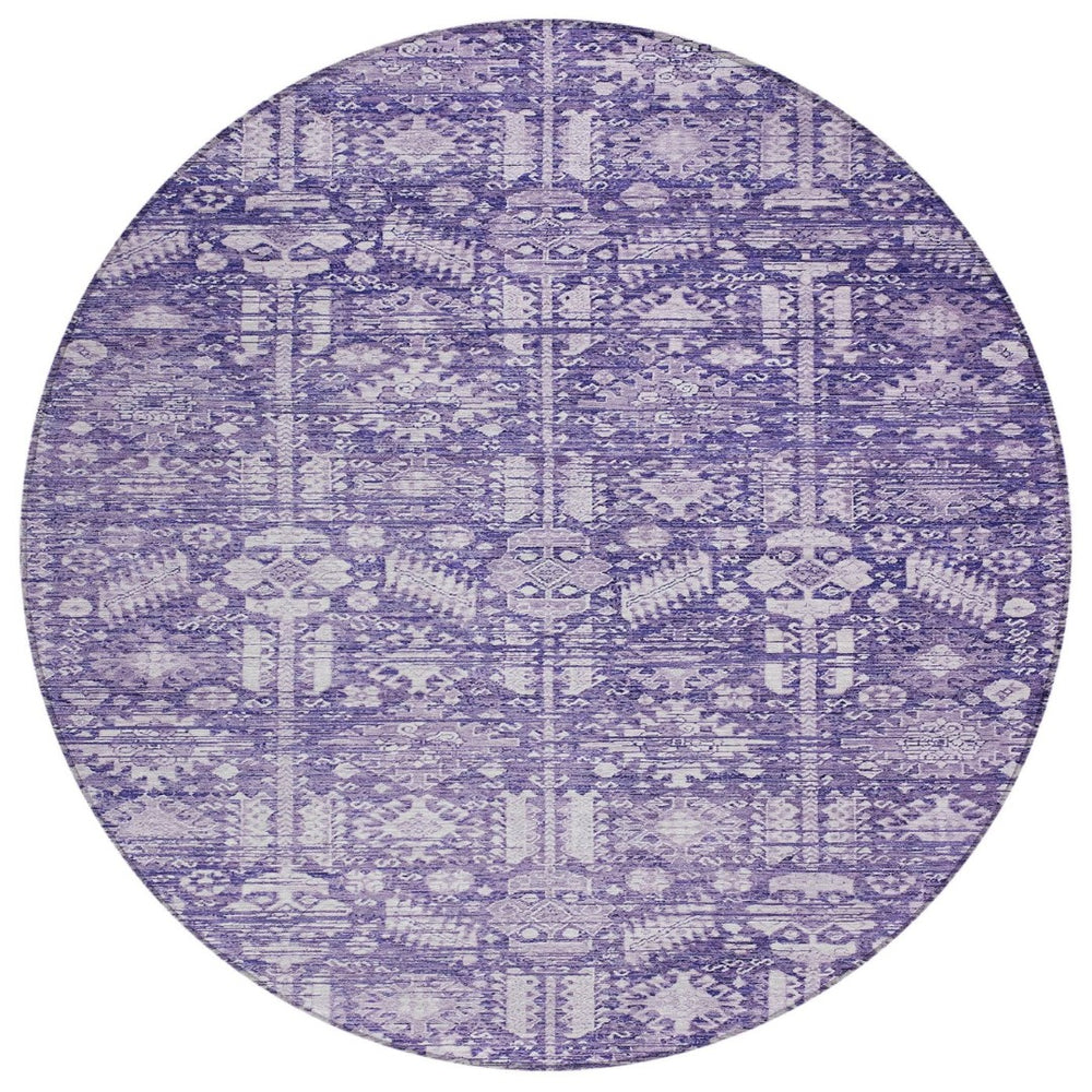 HomeRoots 8' Purple and Ivory Round Tribal Area Rug - Durable, Washable, Stylish for Indoor & Outdoor Spaces 620475
