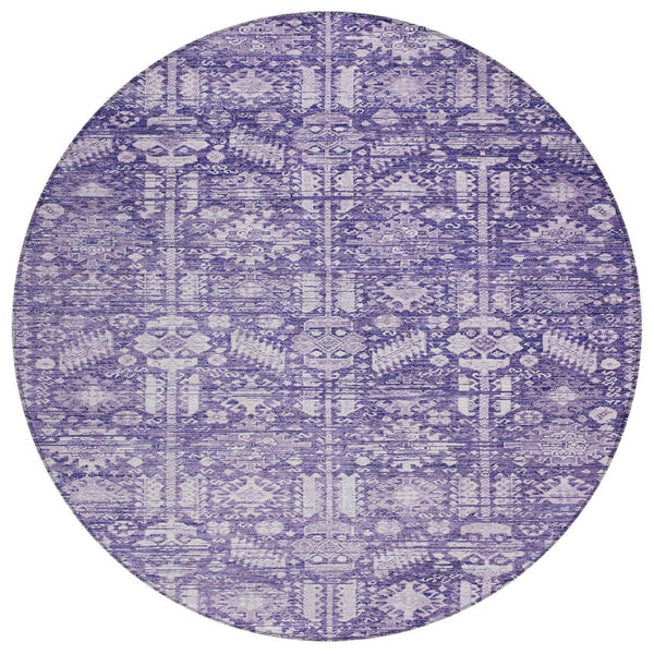 HomeRoots 8' Purple and Ivory Round Tribal Area Rug - Durable, Washable, Stylish for Indoor & Outdoor Spaces 620475