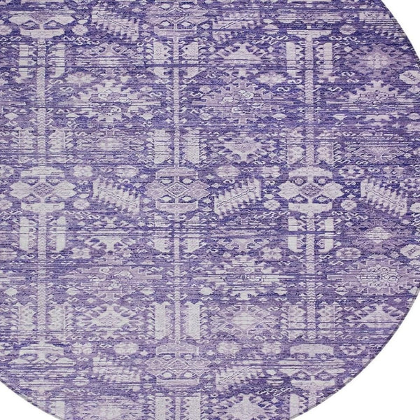 HomeRoots 8' Purple and Ivory Round Tribal Area Rug - Durable, Washable, Stylish for Indoor & Outdoor Spaces 620475