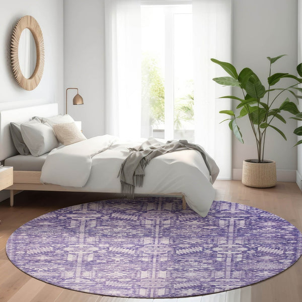 HomeRoots 8' Purple and Ivory Round Tribal Area Rug - Durable, Washable, Stylish for Indoor & Outdoor Spaces 620475