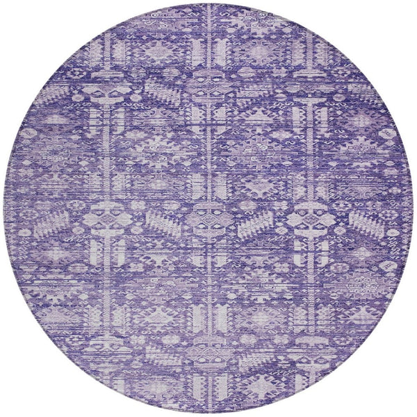 HomeRoots 8' Purple and Ivory Round Tribal Area Rug - Durable, Washable, Stylish for Indoor & Outdoor Spaces 620475