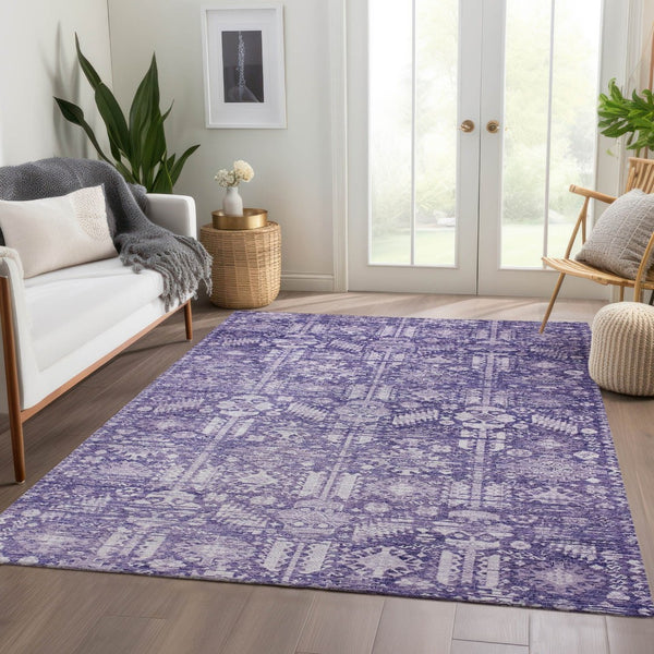 HomeRoots 10' X 14' Stylish Purple and Ivory Tribal Area Rug - Durable, Washable, Indoor/Outdoor Versatility! 620478
