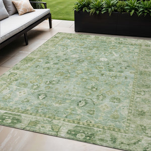 HomeRoots 5' Artichoke Green Ivory Beige Oriental Washable Area Rug for Indoor & Outdoor Elegance & Durability 620492