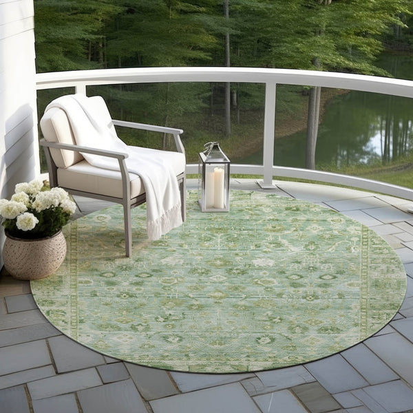 HomeRoots 8' Artichoke Green Round Oriental Rug - Durable, Washable, and Stylish for Indoor & Outdoor Spaces 620493