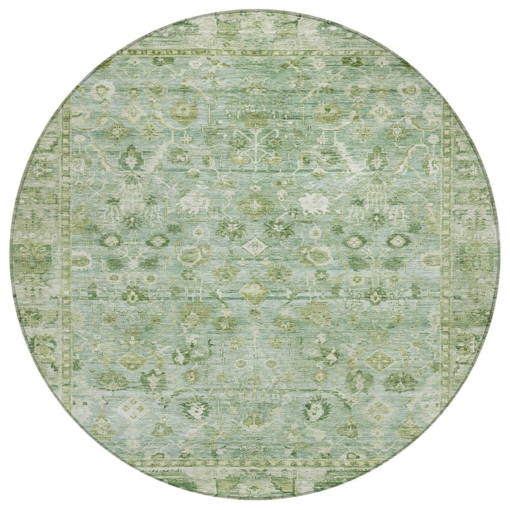 HomeRoots 8' Artichoke Green Round Oriental Rug - Durable, Washable, and Stylish for Indoor & Outdoor Spaces 620493