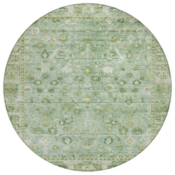 HomeRoots 8' Artichoke Green Round Oriental Rug - Durable, Washable, and Stylish for Indoor & Outdoor Spaces 620493