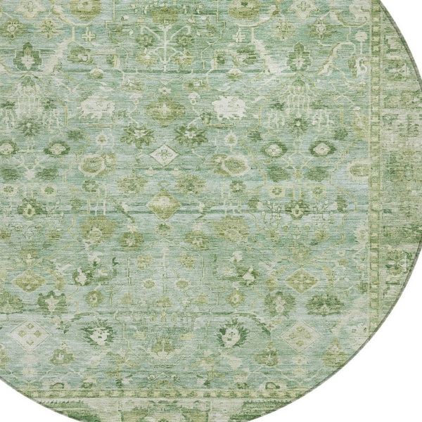 HomeRoots 8' Artichoke Green Round Oriental Rug - Durable, Washable, and Stylish for Indoor & Outdoor Spaces 620493