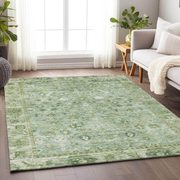 HomeRoots 9' X 12' Artichoke Green Ivory Beige Washable Oriental Area Rug for Indoor & Outdoor Elegance 620495