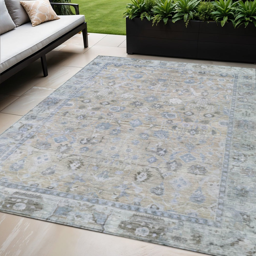 HomeRoots 5' Elegant Beige, Blue & Ivory Oriental Area Rug – Washable for Indoor/Outdoor Use, Durable & Stylish! 620498