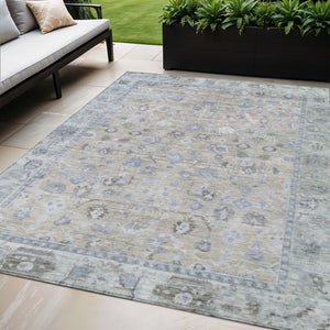 HomeRoots 5' Elegant Beige, Blue & Ivory Oriental Area Rug – Washable for Indoor/Outdoor Use, Durable & Stylish! 620498