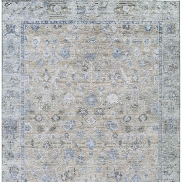 HomeRoots 5' Elegant Beige, Blue & Ivory Oriental Area Rug – Washable for Indoor/Outdoor Use, Durable & Stylish! 620498