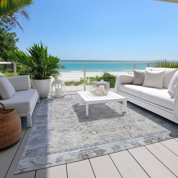 HomeRoots 5' Elegant Beige, Blue & Ivory Oriental Area Rug – Washable for Indoor/Outdoor Use, Durable & Stylish! 620498