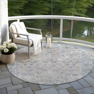 HomeRoots 8' Round Beige, Blue & Ivory Oriental Area Rug - Washable, Durable, Perfect for Indoor & Outdoor Use 620499
