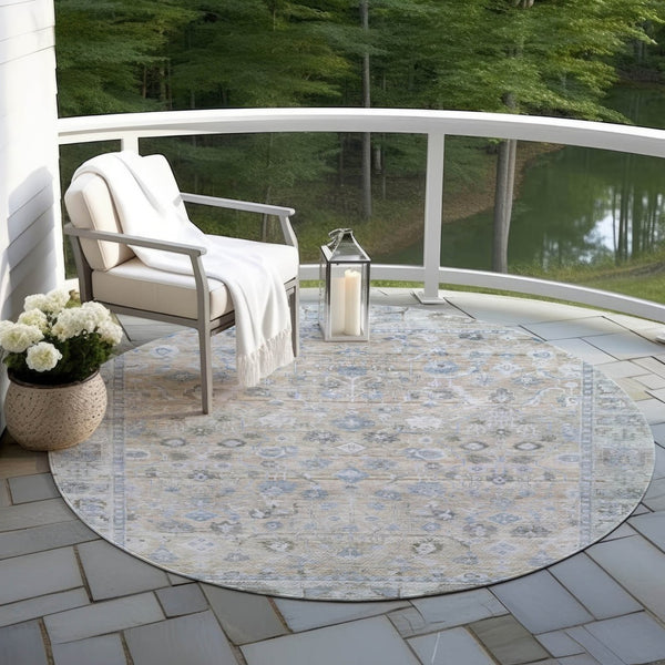 HomeRoots 8' Round Beige, Blue & Ivory Oriental Area Rug - Washable, Durable, Perfect for Indoor & Outdoor Use 620499