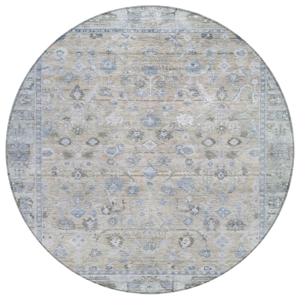 HomeRoots 8' Round Beige, Blue & Ivory Oriental Area Rug - Washable, Durable, Perfect for Indoor & Outdoor Use 620499