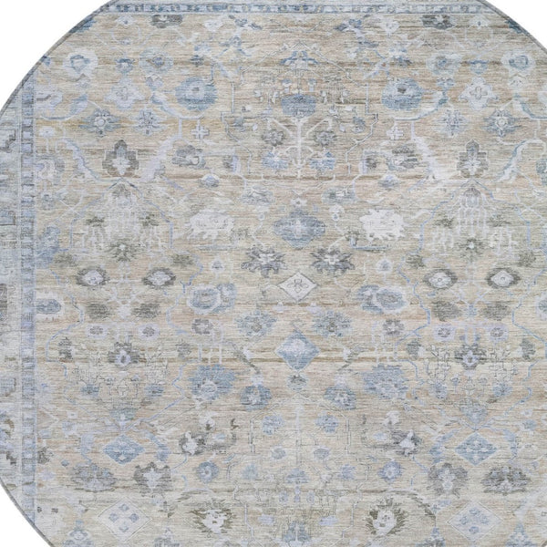 HomeRoots 8' Round Beige, Blue & Ivory Oriental Area Rug - Washable, Durable, Perfect for Indoor & Outdoor Use 620499