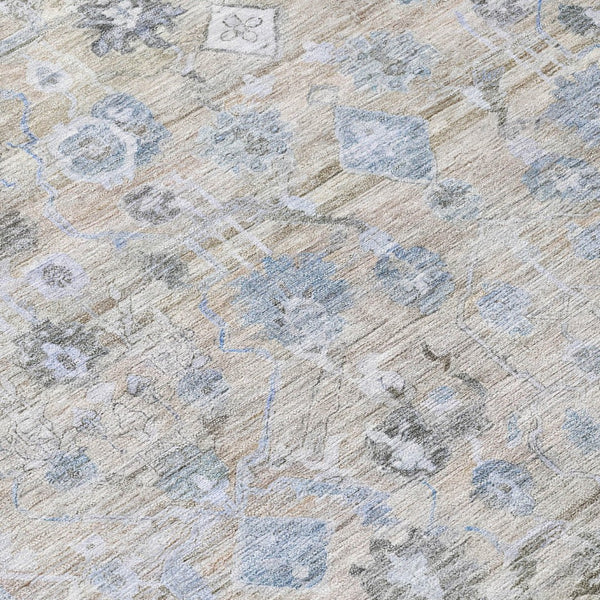 HomeRoots 8' Round Beige, Blue & Ivory Oriental Area Rug - Washable, Durable, Perfect for Indoor & Outdoor Use 620499