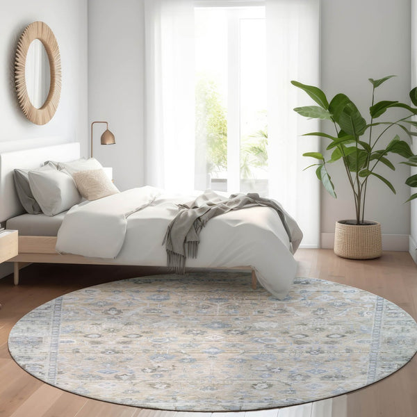 HomeRoots 8' Round Beige, Blue & Ivory Oriental Area Rug - Washable, Durable, Perfect for Indoor & Outdoor Use 620499